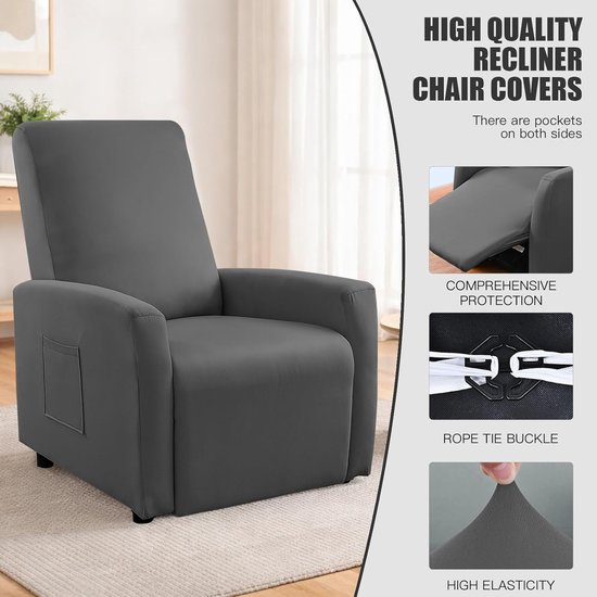 1-zits stoelhoes, waterdichte stoelhoes, stretch met tas, all-inclusive stoelbeschermer voor tv-stoel, ligstoel, stoel (donkergrijs) — afbeelding 2