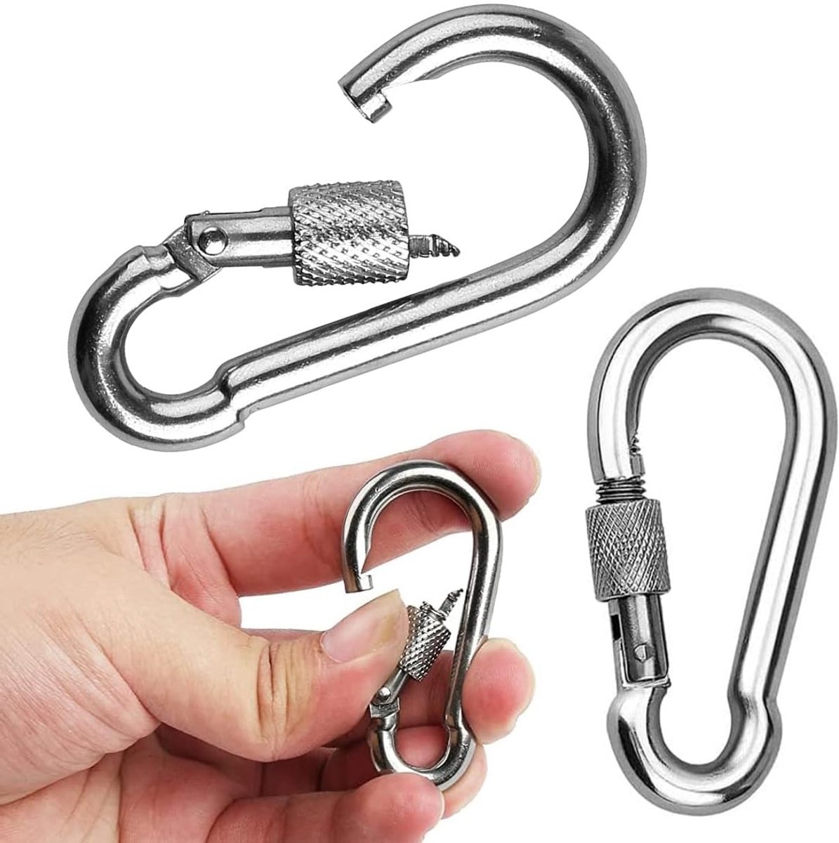 Dailygoods - Set van 2 supersterke schroefkarabijnhaken van roestvrij staal: grote en robuuste karabijnhaak, karabijnhaak met schroefsluiting, veiligheidskarabiner voor kamperen, klimmen, draagvermogen 240