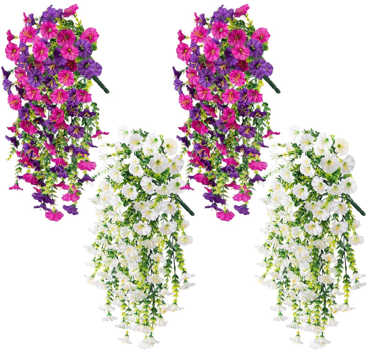 Kunstbloemen - 75 cm hangende witte en paarsrode Morning Glory-ranken | UV-bestendige buitendecoratie met afneembare bloemen
