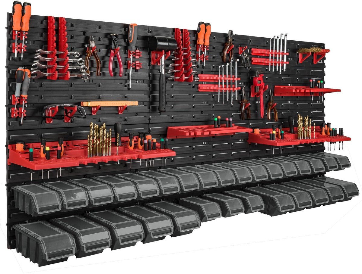 178 x 78 cm wandrek met 30 opbergbakken, deksels, gereedschapshouders, stapelboxen, werkplaats, werkbank