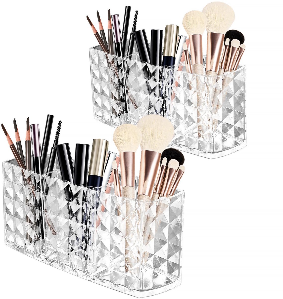 Make-up organizer, 2 stuks, cosmetica-organizer, cosmetica-organizer met 3 afstanden, opbergdoos, voor kwasten, cosmetica voor make-uptafel