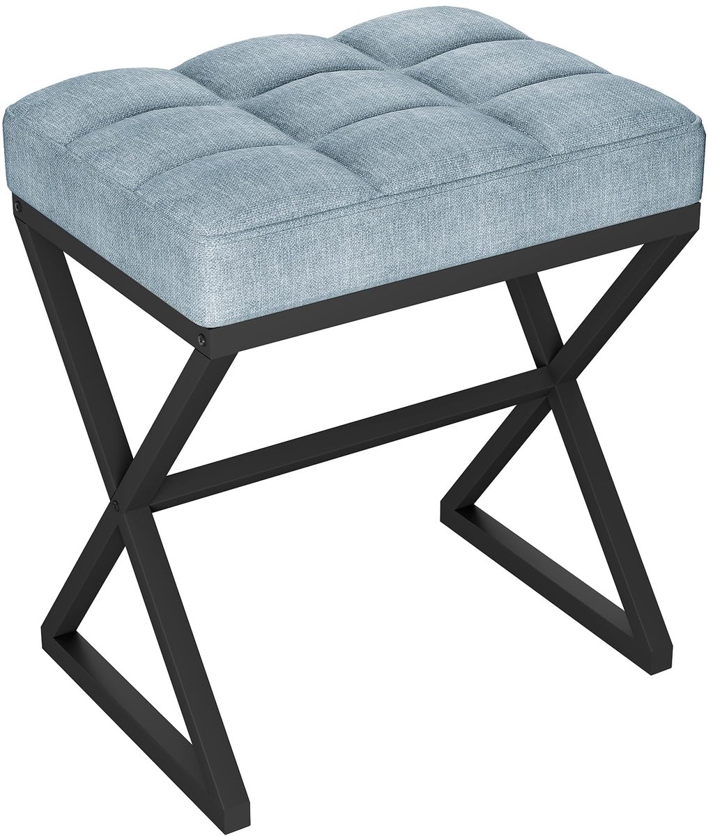 Vanity kruk, linnen voetensteun, vierkante Ottomaanse bank met X-vormige metalen poten, make-up dressing kruk voor ijdelheid, woonkamer, slaapkamer, entree, gangen, 40 × 30 × 46 cm, blauwgrijs
