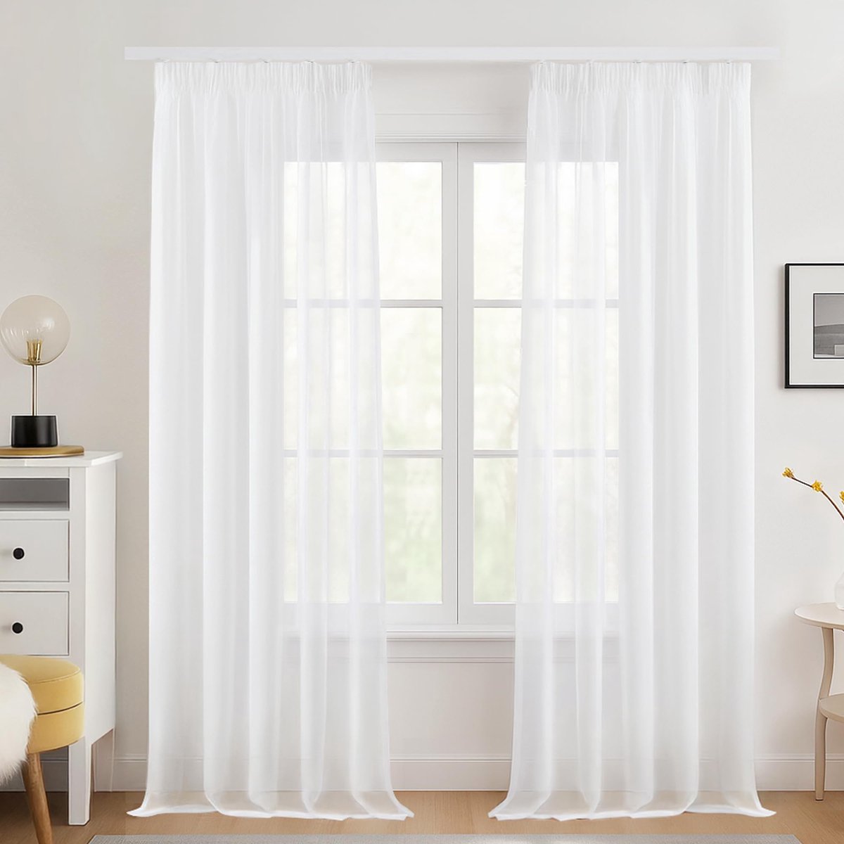 SnelShoppen - Decoratieve Transparante Voile Gordijnen met Rimpelband 140x220 CM - Lichtgewicht Wit Gordijnen voor Slaapkamer en Woonkamer, 2 Panelen
