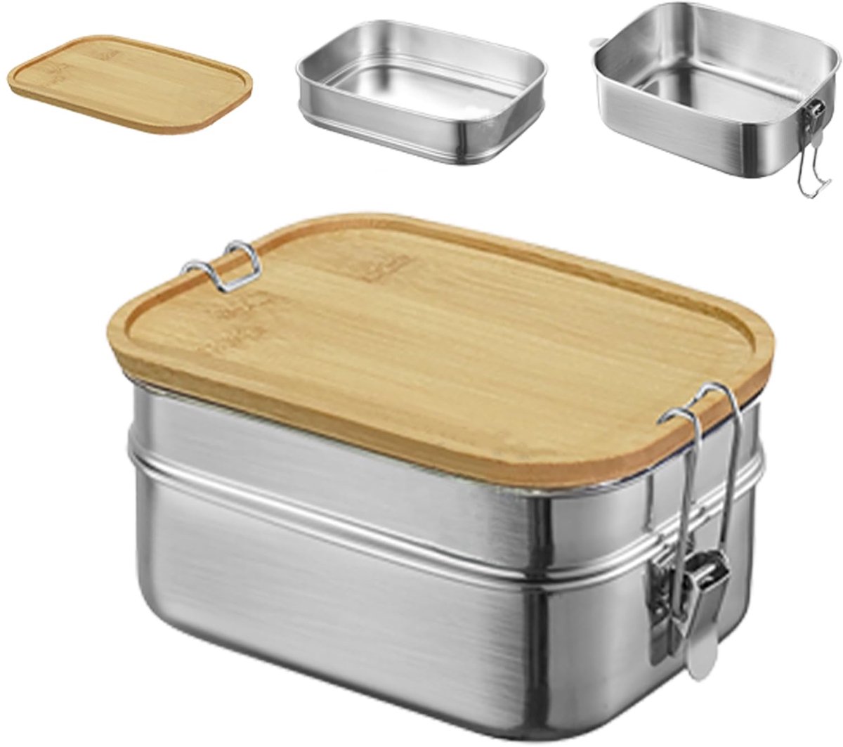 Lunchbox voor volwassenen en kinderen, roestvrijstalen broodtrommel, broodtrommel met 2 vakken, metalen doos met houten deksel, BPA-vrij, metalen brooddoos, ontbijtbox voor school, uitstapjes,