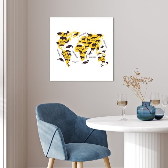 Décoration murale - Wereldkaart - Animaux - Jaune - 50x50 cm - Affiche