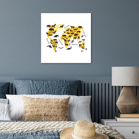 Décoration murale - Wereldkaart - Animaux - Jaune - 50x50 cm - Affiche