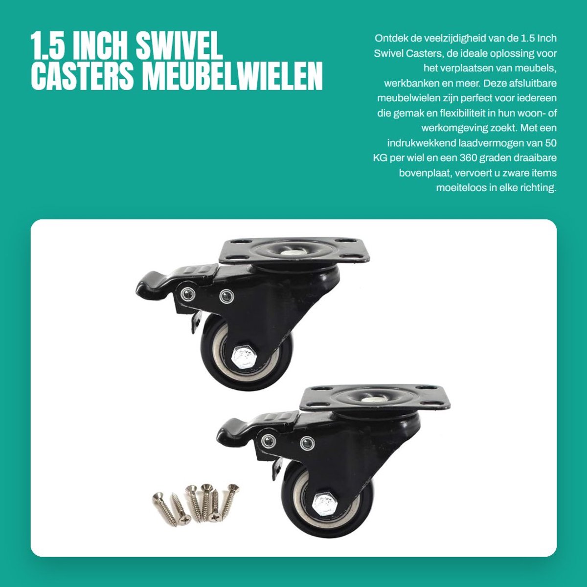 Dailygoods- Meubelwielen 1.5 Inch - Zwenkwielen met 360 Graden Draaibare Bovenplaat - Vergrendelbare Wielen - Laadcapaciteit 50 KG - Set van 2 - PU Materiaal - Rolwielen