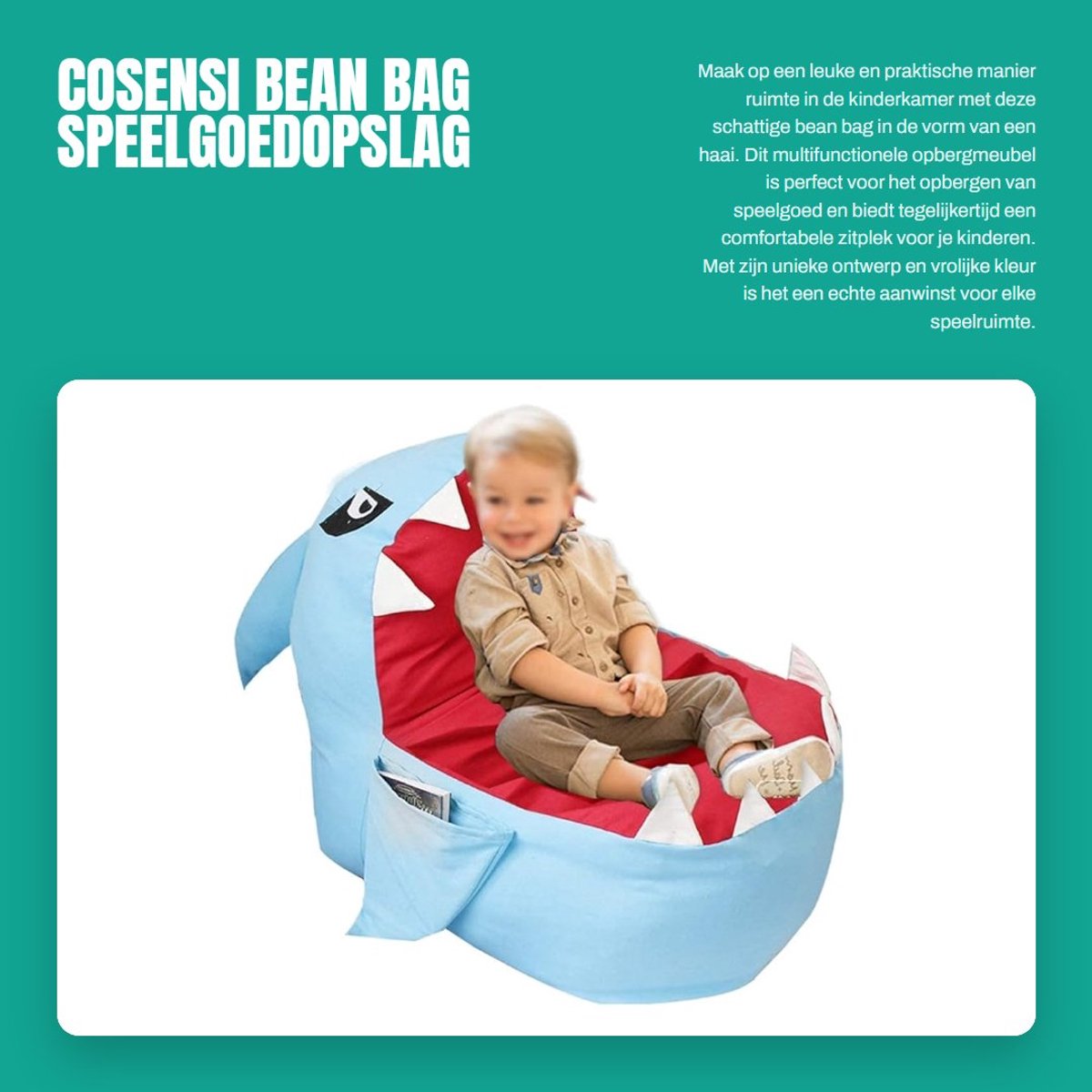 Dailygoods- Zitzak Kind - Schattige Haai Vorm - Opbergzak - Zitzak Volwassenen - Multifunctioneel - 80x80x50 cm - Speelgoedopbergzak