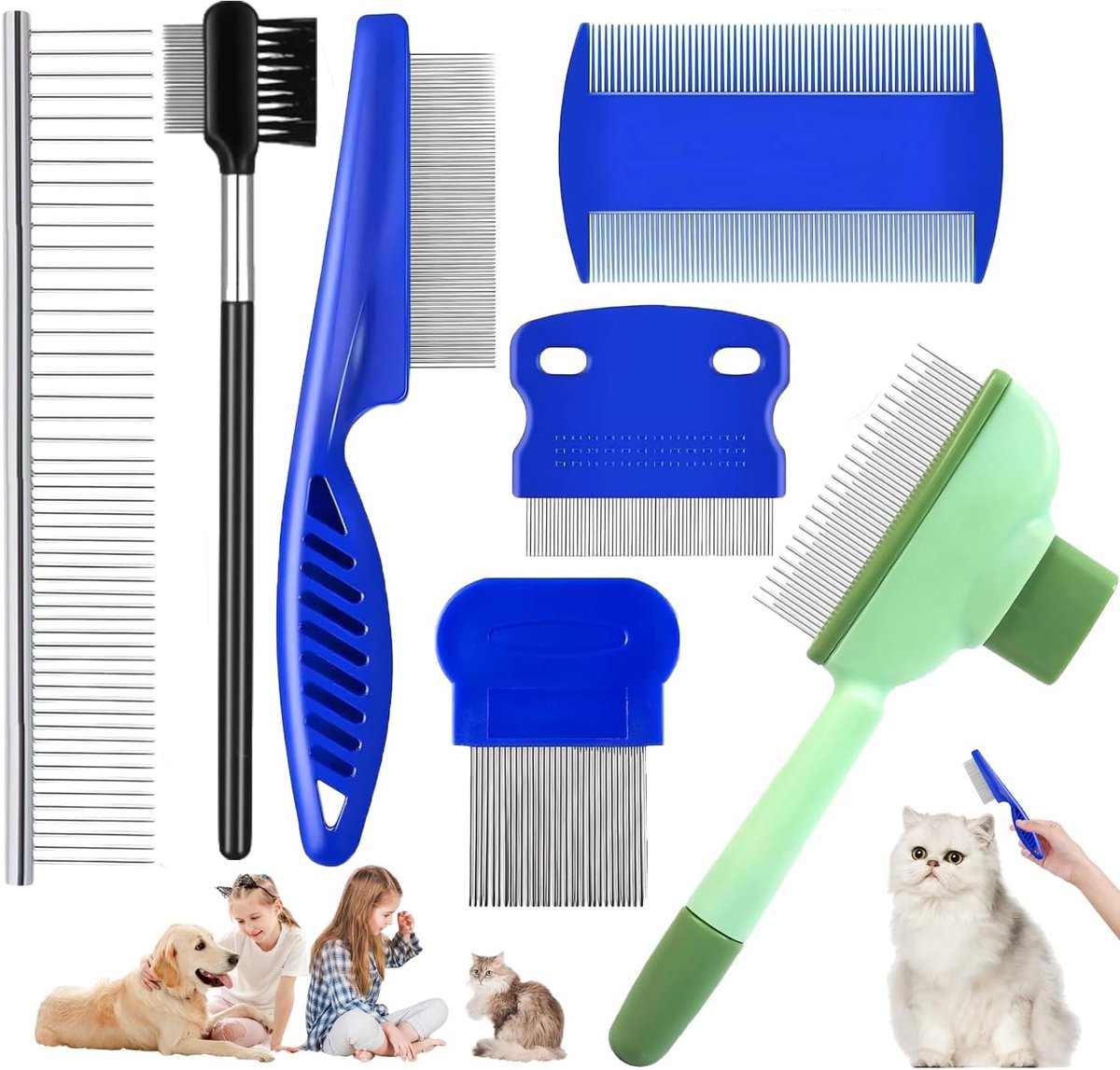 hond vlooienkam, 7 stuks zelfreinigende vlooienkam voor huisdieren, vachtverzorgingsborstel voor huisdieren, kattenborstel, vlooienvlekverwijderingskam, voor kleine, middelgrote en grote