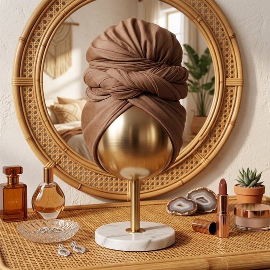 Bruine hoofddoek in tulbandstijl op een gouden standaard, naast make-up en sieraden.
