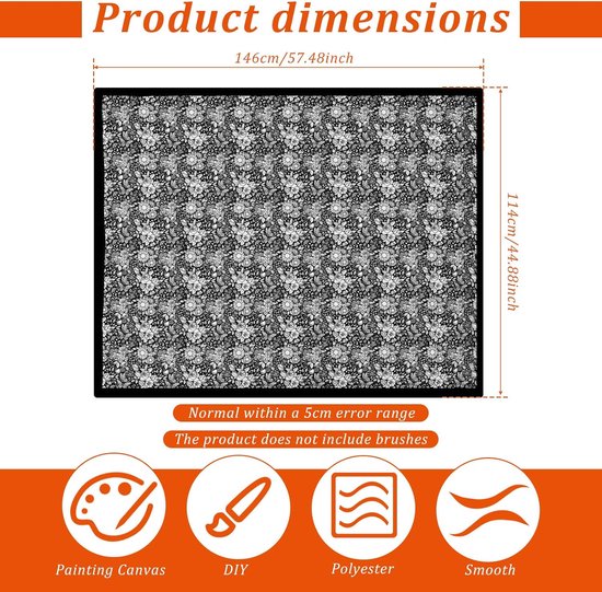 Afmetingen van de deken: 146cm x 114cm. Zwart met wit bloemenpatroon. Iconen voor schildersdoek, doe-het-zelf, polyester, glad.