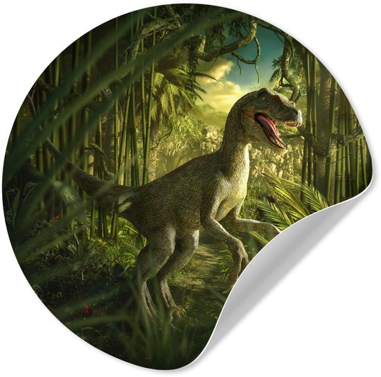 Rond behangcirkel avec une illustration d'un dinosaure vert dans une jungle dense.