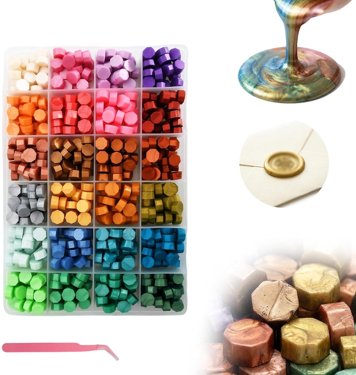 ca. 600 waxparels met transparante hoes en pincet, 24 kleuren zegelwas, geschikt voor bruiloftsuitnodigingen, enveloppen, cadeauverpakkingen, doe-het-zelf