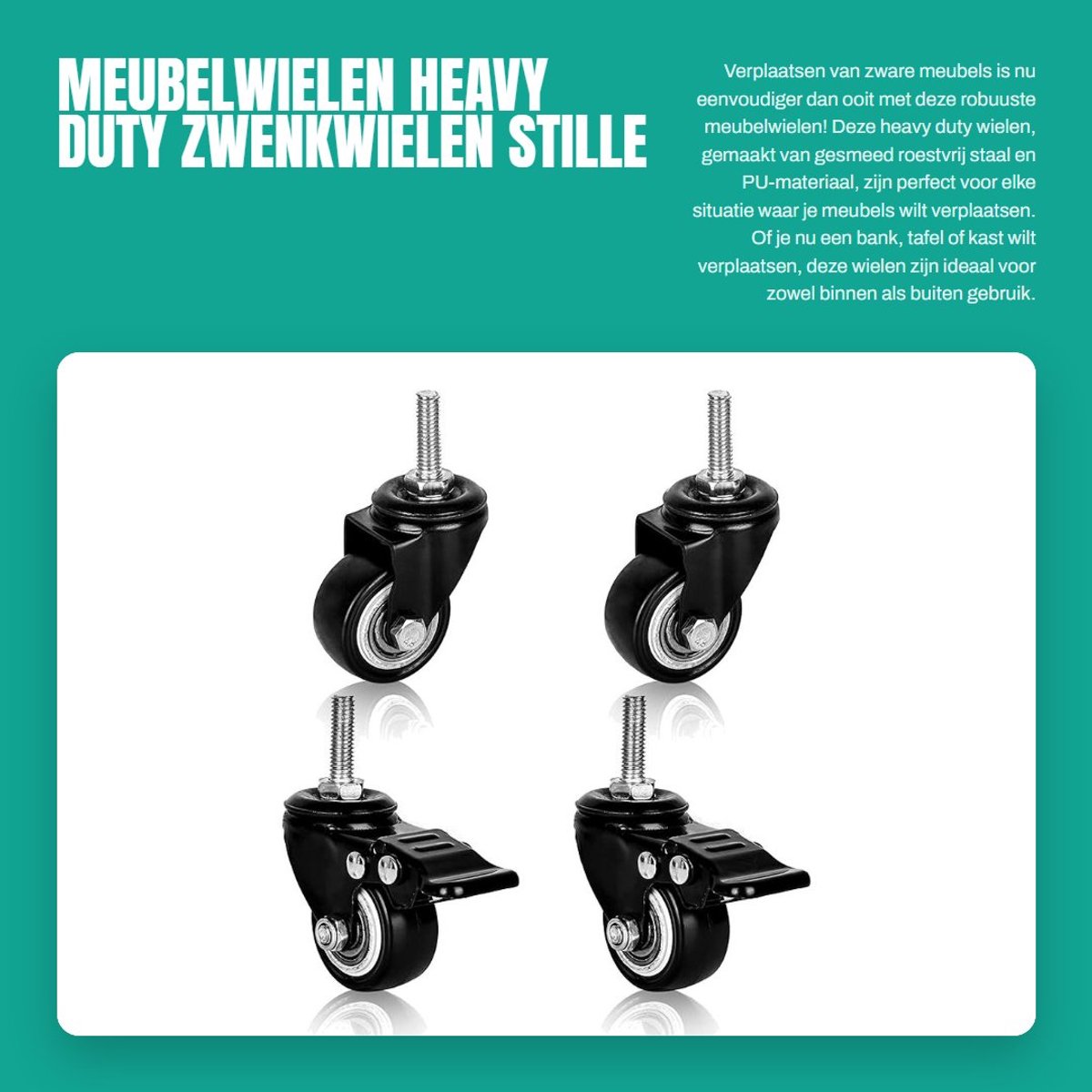 Dailygoods- Meubelwielen Zware Belasting - Zwenkwielen Set van 4 - Zwenkwielen met Rem - Zwenkwielen M8 - Rubber Meubelwielen - 360 Graden Draaibaar