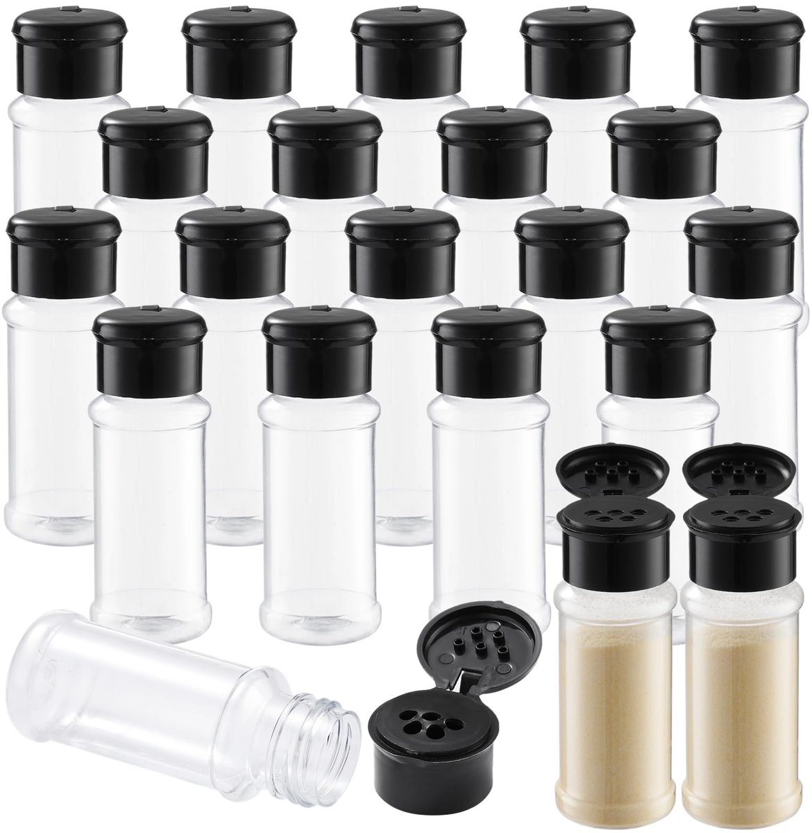 Dailygoods - Plastic kruidenflessen, 100 stuks plastic kruidenshakerflessen, 93 ml, kruidenpotjes met shakerdeksels, kruidenpotten voor het bewaren van peper, zout, kruiden, poeders