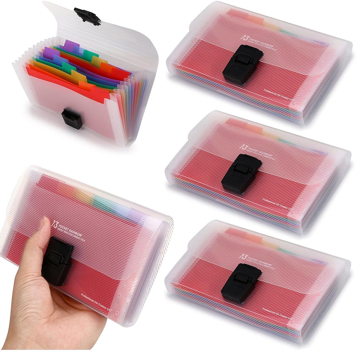 Set van 4 mini-documentenmappen, A6, 18 x 11,4 x 4,1 cm, regenboog zakorganizer met 13 uittrekbare vakken met 12 etiketten