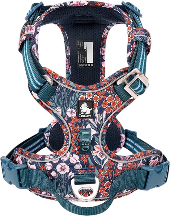 Truelove - Hondentuigje - Hondenharnas - Blauw Bloemenpatroon - Reflecterend - Anti-Trek - Grote Honden - Collectie 2025 - Navy - XL