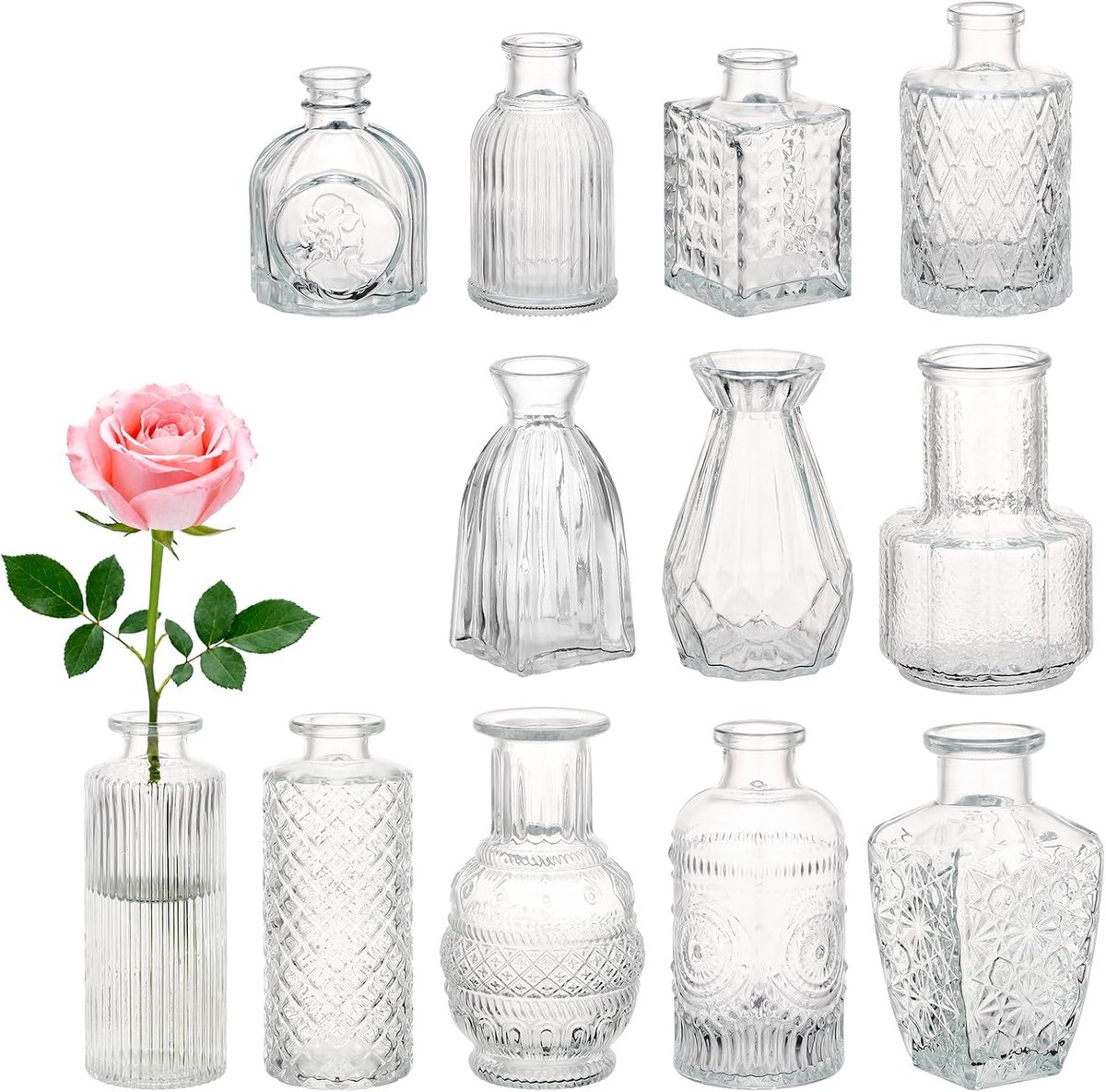 Mini Vaas Set, 12 stuks Kleine Bloemen Vazen, Vintage Bloemenvazen voor Tafeldecoratie, Bruiloft, Slaapkamer, Eettafel, Feesten (Transparent)