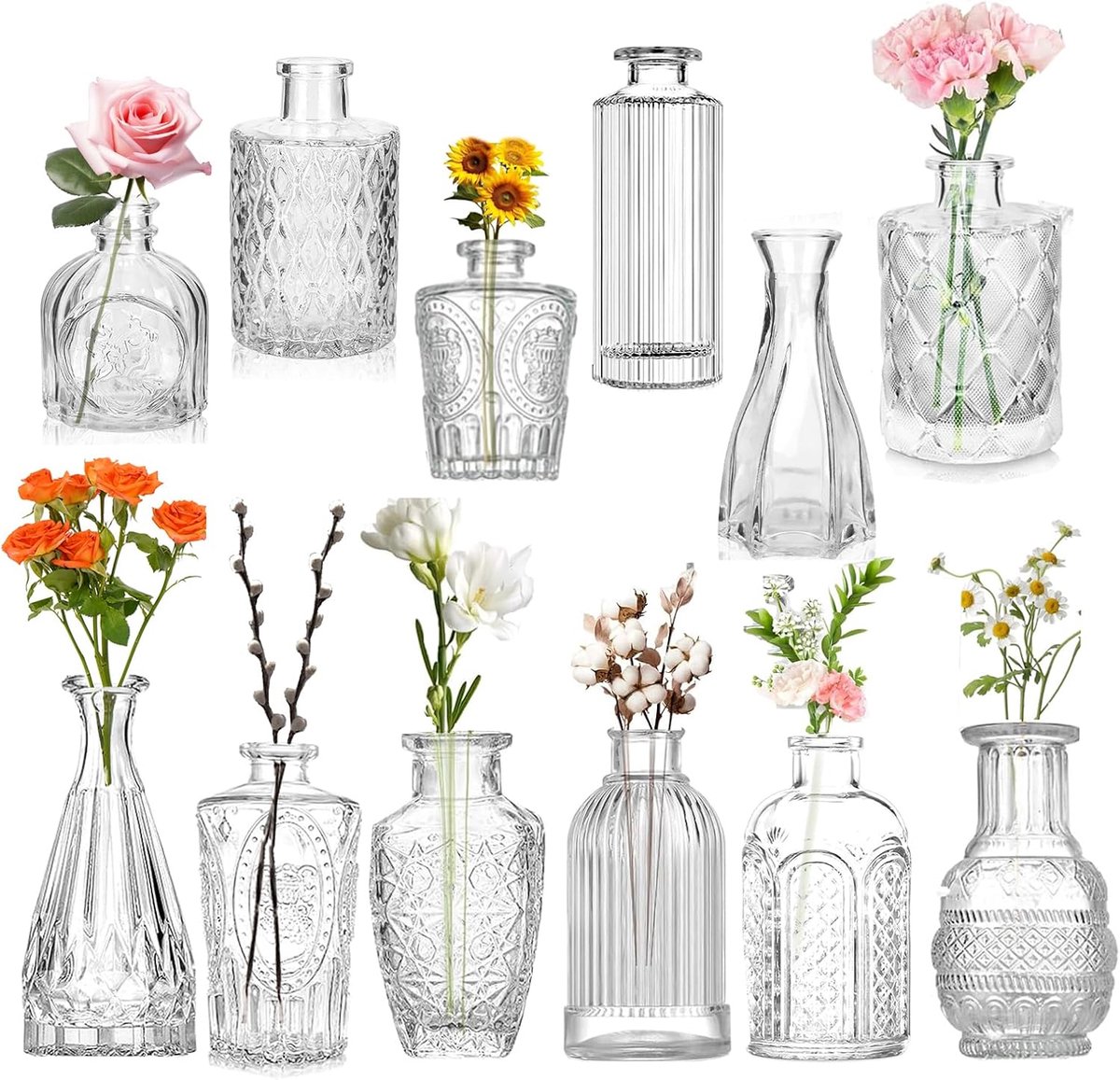 12 Stuks Kleine Tafeldecoratie, Kleine Glazen Vazen voor Tafeldecoratie, Vintage Mini-bloemenvazen, Bruiloftsdecoratie, Vaas, Decoratie, Budvazen, 12 Patronen, Vazenset, Tuinfeest