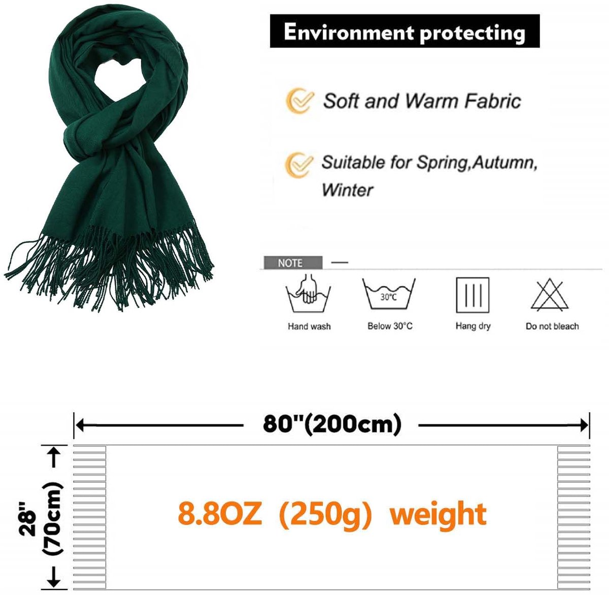 Stola voor dames; feestelijk voor avondkleding; Pashmina-sjaal; winterse sjaal, Groen, Large