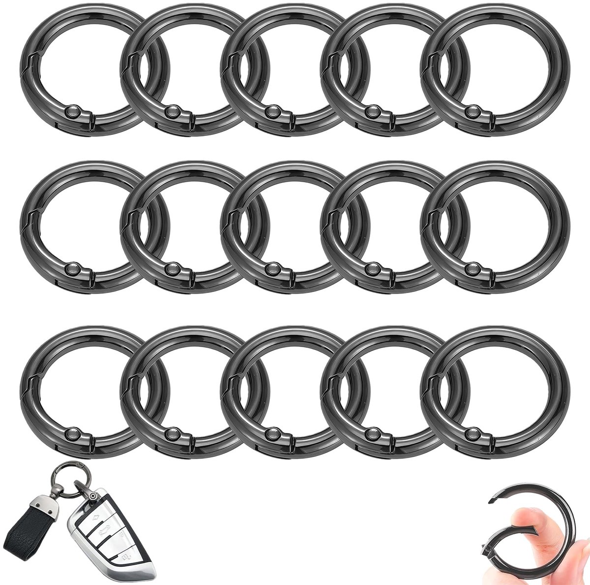 15‑delige set metalen O‑ringen – karabijnsluitingen voor sleutelhangers, tassen & handwerk – pistoolzwart – Ø 20 mm
