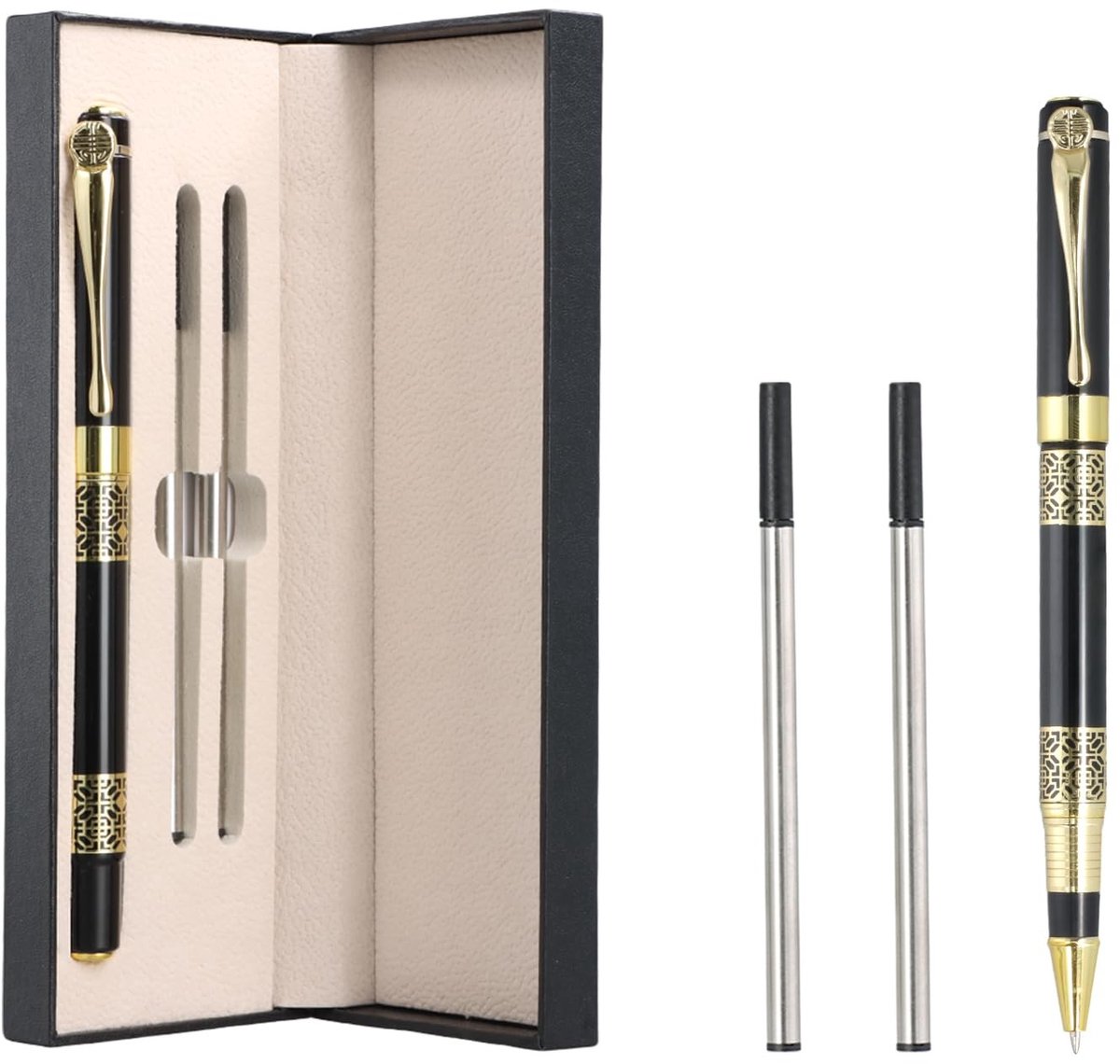 Dailygoods - 0,5 mm metalen rollerbalpen, balpen met zwarte inkt, set van mooie pennen met geschenkdoos, fijne punt met 2 vullingen, schrijfstift voor dames en heren