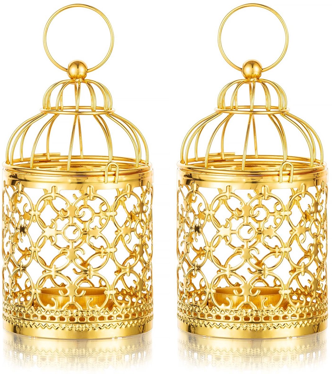 Dailygoods - Sziqiqi klein metalen theelichtje hangende vogelkooi lantaarns, 2 stuks gouden theelicht kaarsenhouders Vintage kaarshouder decoratieve tafel middenstukken voor bruiloftsfeest Kerstmis Halloween