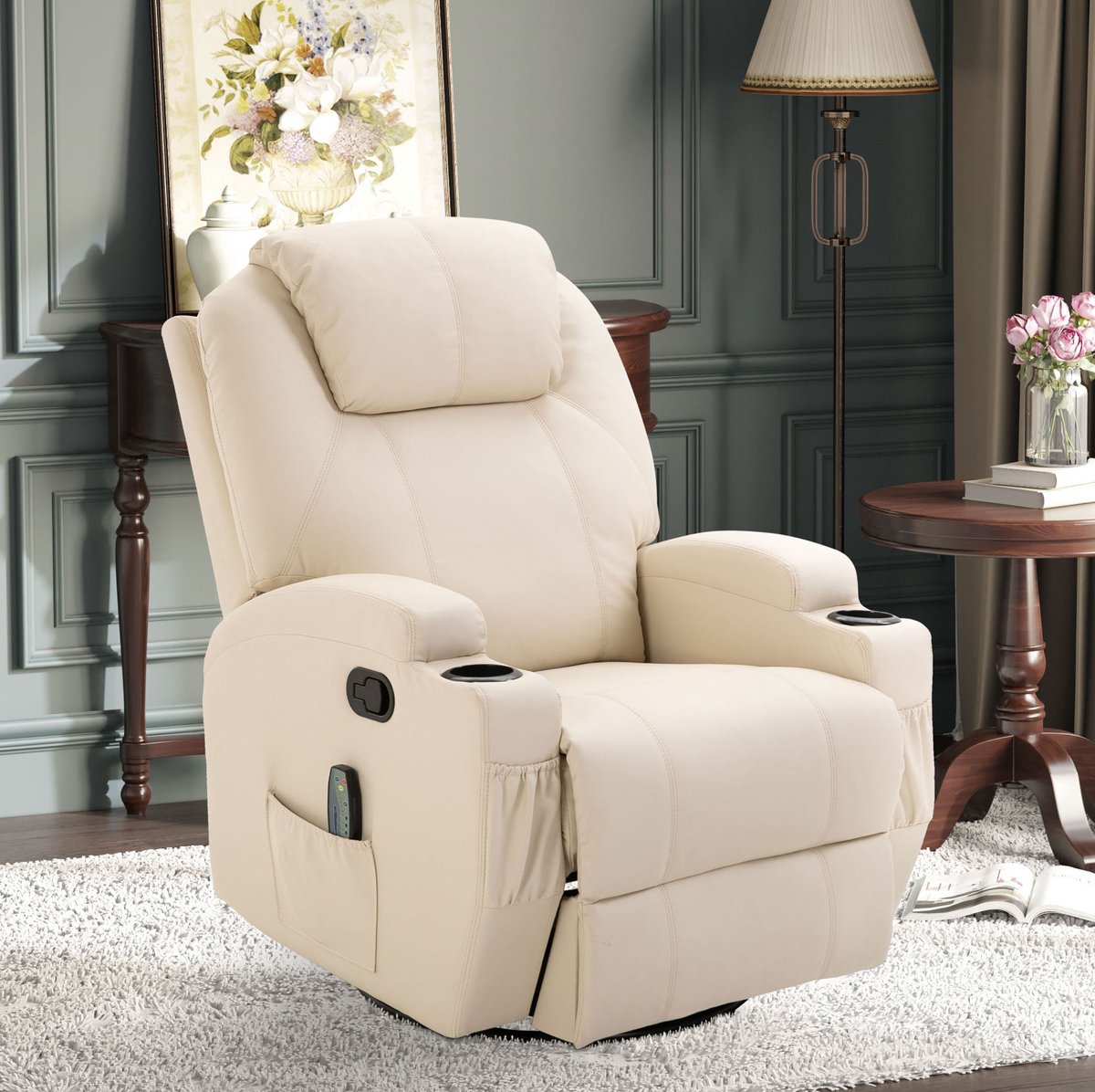 MIVRAY Fauteuil - Elektrische Relaxfauteuil Met Ligfunctie En Massage - 84 x 92 x 109 cm - Voor Woonkamer En Lounge - Kunstleer Crèmewit