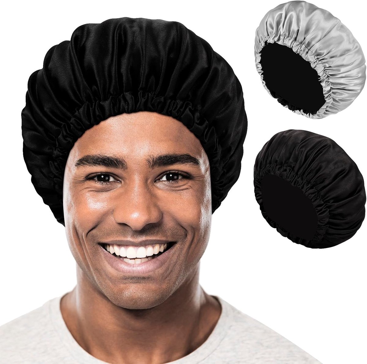 2 stuks satijnen muts voor haar, nacht, heren en dames, ademend, verstelbaar, elastisch, antislip, voor krullende vlechten, blauw + zilver/zwart + grijs