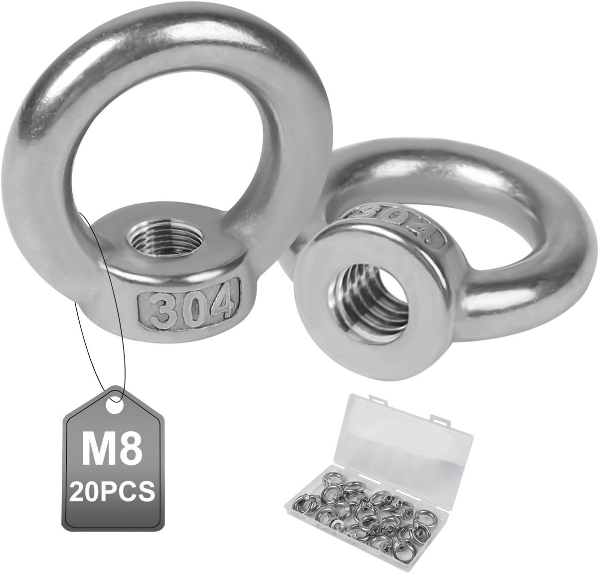 Dailygoods - EXLECO 20 stuks ringmoeren M8 ringschroef roestvrij staal oogmoer binnendraad ogen roestvrij staal ringogen oogmoer hefapparaten accessoires voor touwmontage aanhanger broeikas schommelstandaard