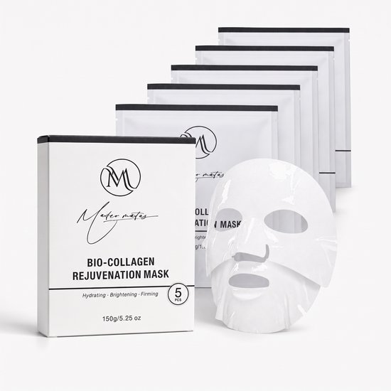 Een doos met 5 gezichtsmaskers en één los gezichtsmasker. Tekst: "BIO-COLLAGEN REJUVENATION MASK".