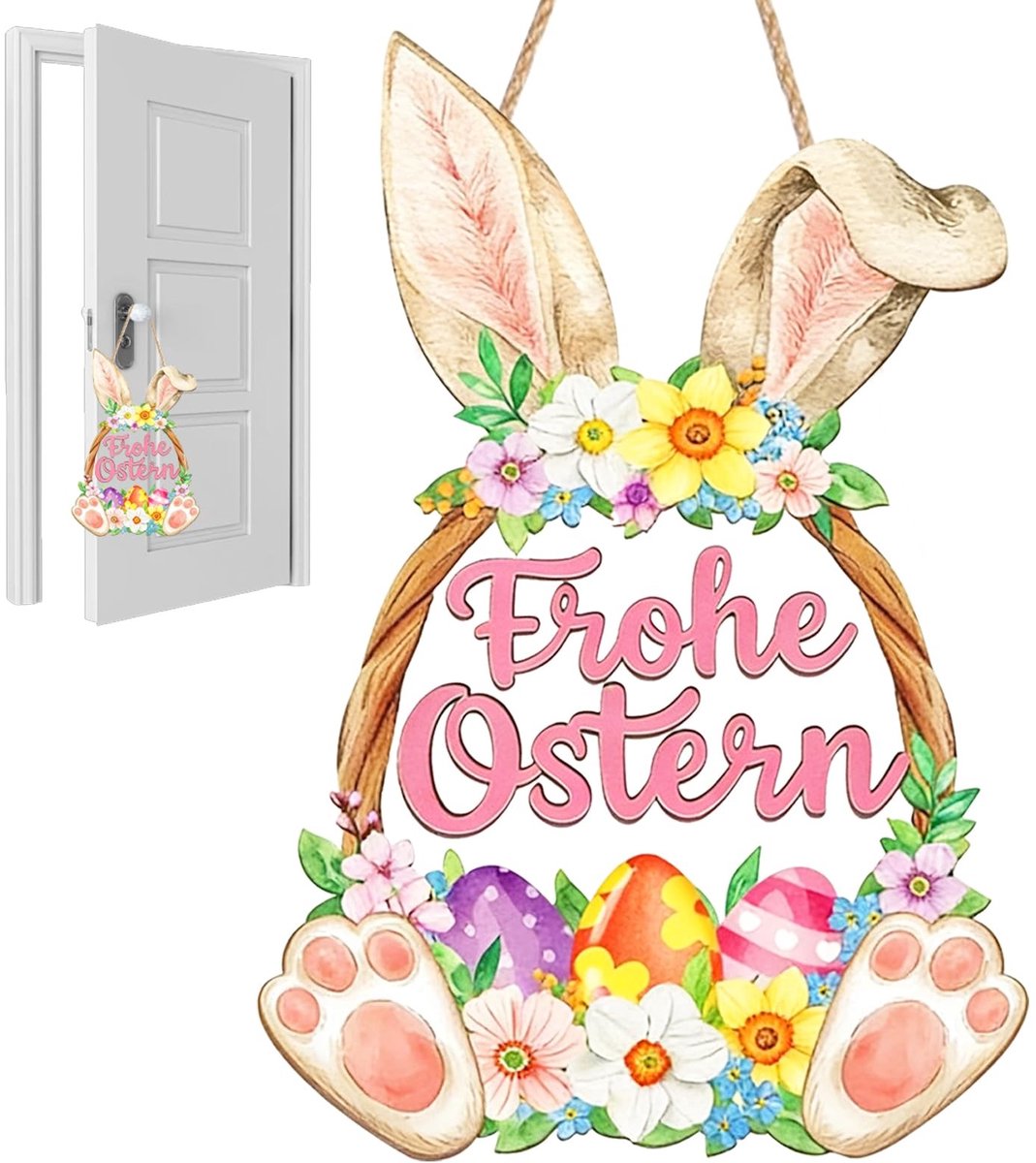 Dailygoods- Deurbordje Houten Paasdecoratie - Deurbordjes met Haas - Decoratie voor Deur/Muur - Hangende Deurkrans - Hoogwaardig Hout - "Frohe Ostern" Opdruk - Dekoratie