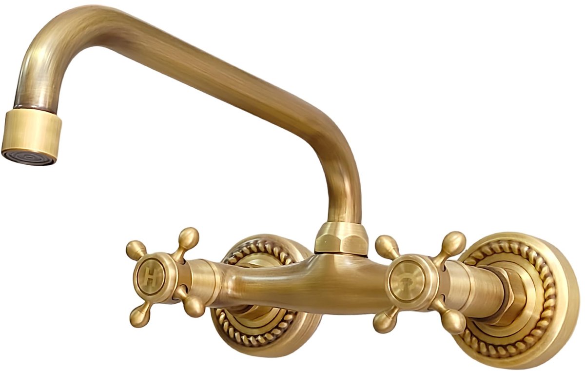 Dailygoods- Keukenmengkraan Antiek Messing - Wandmontage - 180° Draaibare Uitloop - Vintage Brons - 2 Hendels - Hoogwaardig Materiaal - Wastafelmengkraan