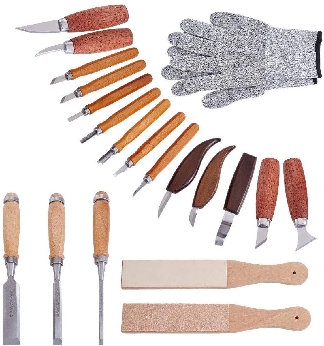 Dailygoods- Houtsnijgereedschap Voordeelpakket - 7 Stks Snijgereedschap - 6 Stks Detailgereedschappen - Slijpplank - Antislip Handgrepen - Veiligheidshandschoenen