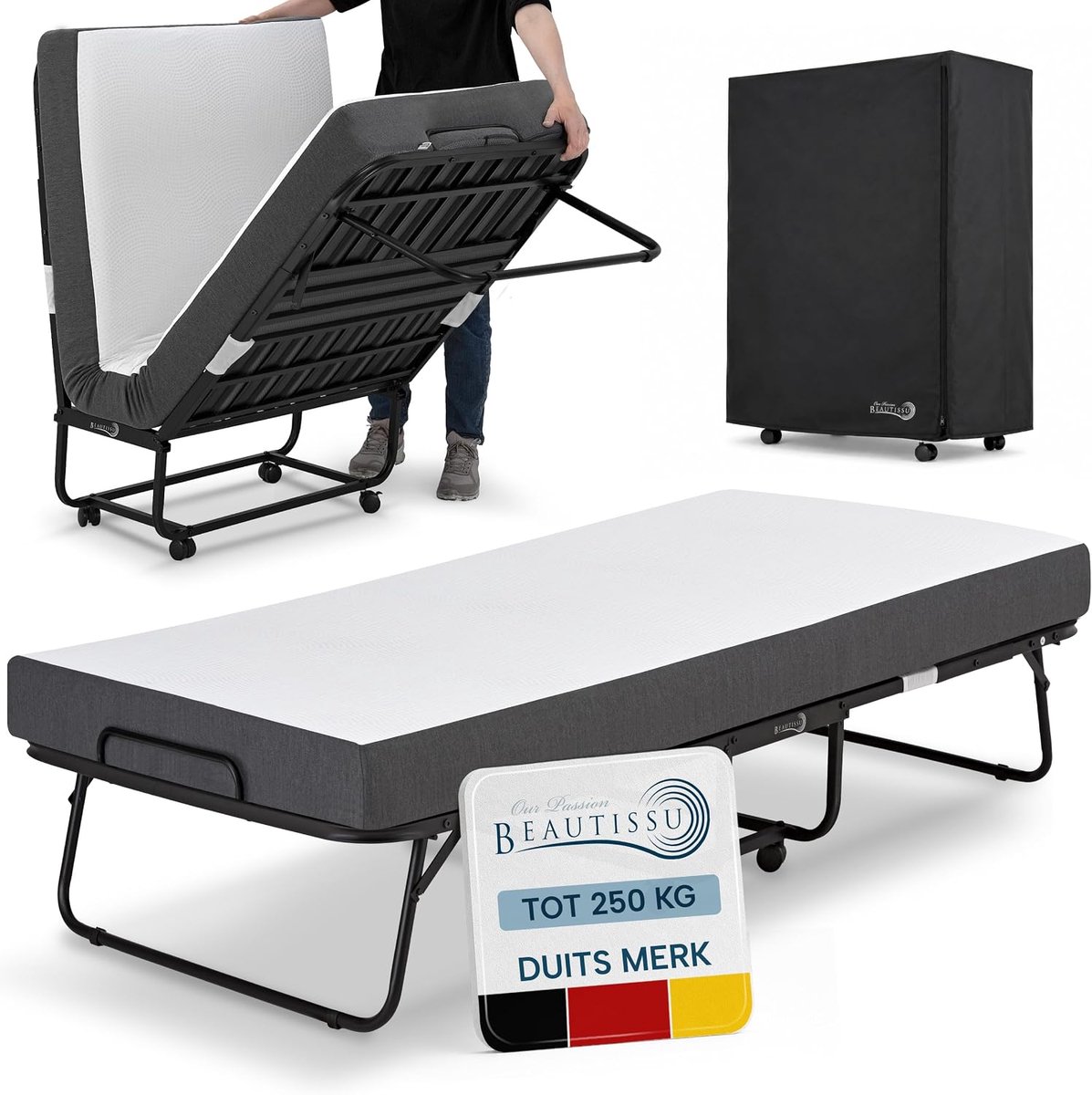 Beautissu Opklapbed 90x200 cm met 13 cm Matras, Memory Foam, Logeerbed voor Volwassenen tot 250 kg, Bed met 4 Vergrendelbare Wielen, Ruimtebesparend met Beschermhoes - Traumkraft Latte