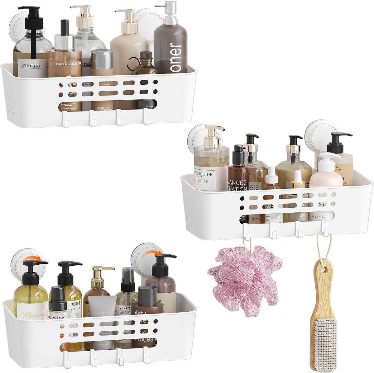 Zuignap Badkamer Plank, Zonder Boren, Plastic Badkamer met 4 Haken Douche Plank Verwijderbaar voor Shampoo Conditioner Houder Douche Mand voor Badkamer Keuken Organisator, Groot, 3 Stuk