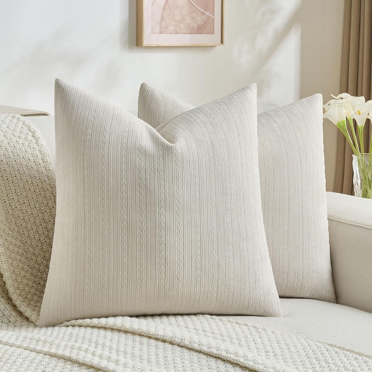 Kussenslopen 40x40, Set van 2, Decoratieve Moderne Kussenhoezen, Elegant Vierkant Bankkussensoop Met Arenmotief, Zachte Chenille Wasbaar voor Slaapkamer Woonkamer Balkon, Beige