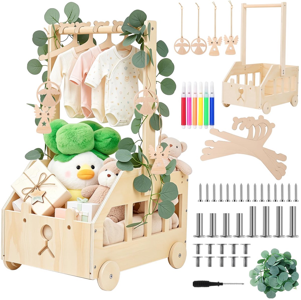 Mand op Wielen, Cadeaumand Baby met Handvat, Luiersmand van Hout, Babymand met Beer Kledinghangers, Decorbladeren en Engel Label voor Pasgeborenen