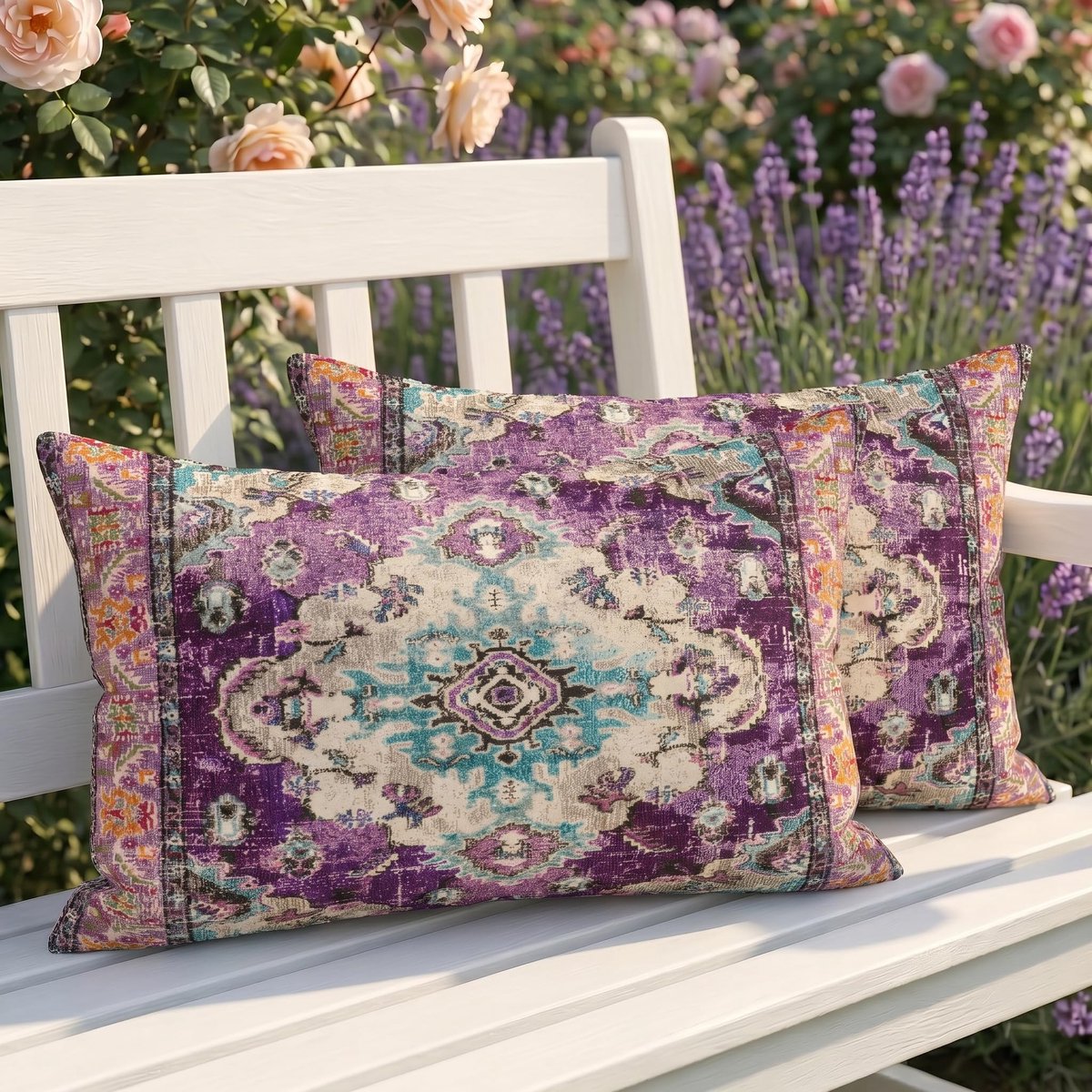 Set van 2 outdoor kussens, weerbestendig, kussenovertrek 30 x 50 cm, Boho decoratief kussen, vintage kussenhoes, lila, kussen voor zomer, sofakussen voor woonkamer, sofa, tuin, balkon, camping