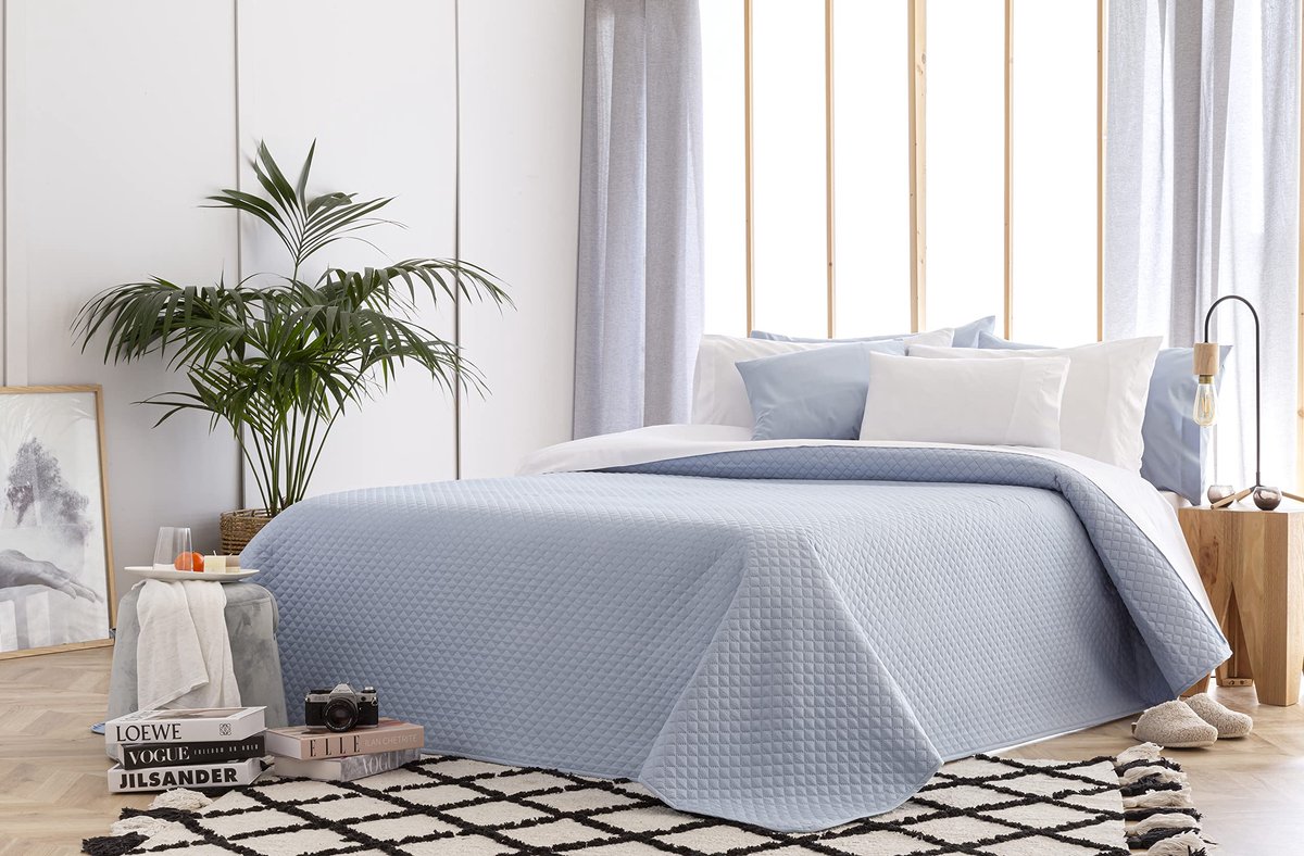Sprei met ruitpatroon, voor lente, zomer, herfst en winter, 100% microvezel, extra zacht, multifunctionele sprei, 105-200 x 260 cm, lichtblauw