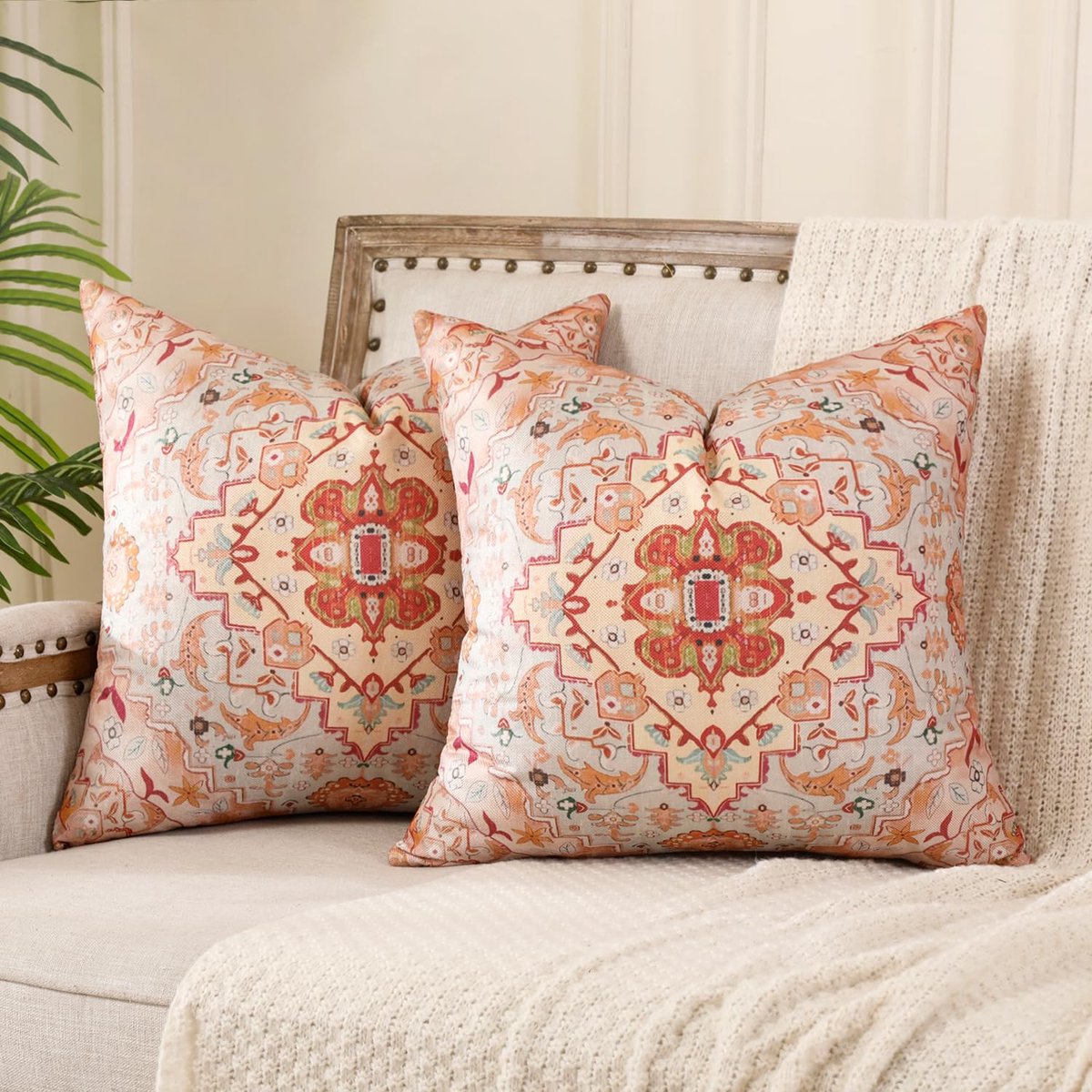 Set van 2 boho-kussenslopen, 45 x 45 cm, beige, kussenhoezen, Boheems, sierkussen, dubbelzijdig, retro, etno, decoratieve kussenhoes, vierkant, sierkussenovertrekken voor bank, slaapkamer