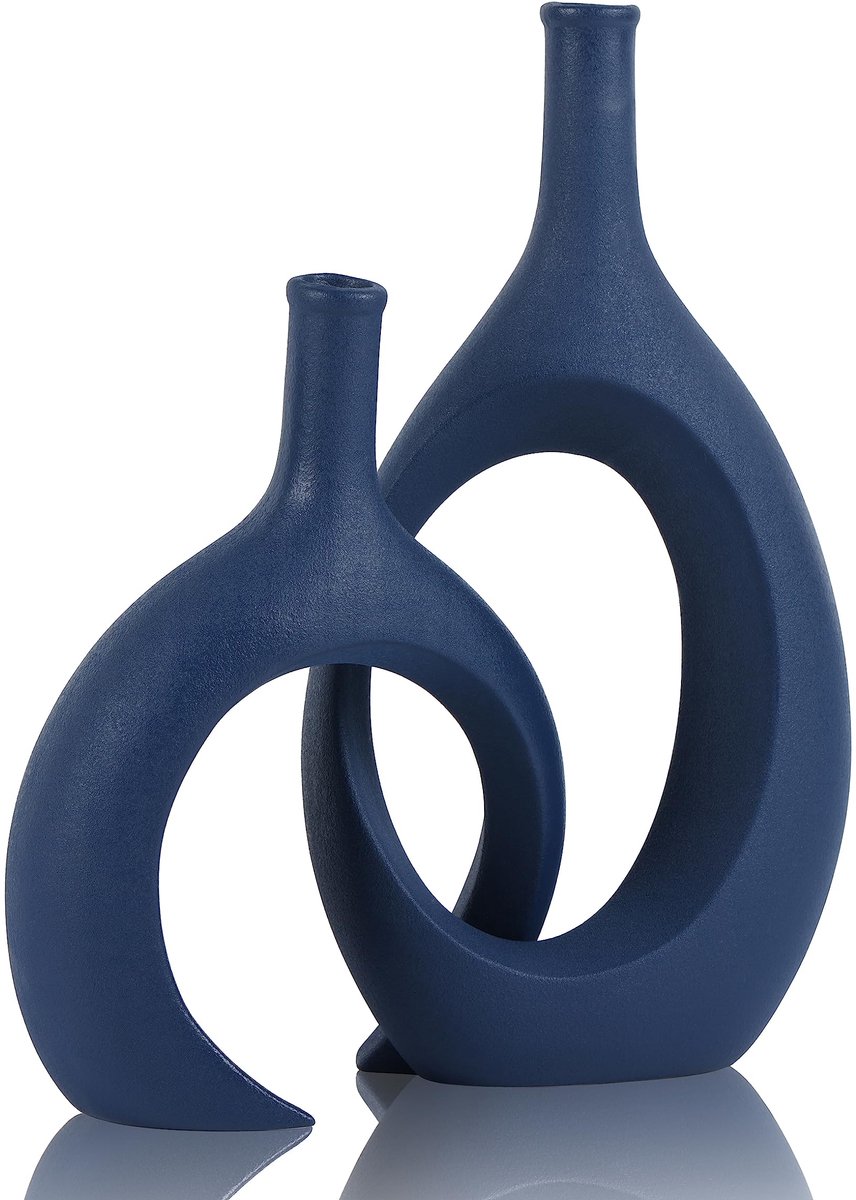 Vaas, set van 2, moderne marineblauwe vaas voor eettafel, tafelopzetstukken, boerderij- en woondecoratie, kantoorscheidingswanden, schoorsteenmantel, entree decoratie