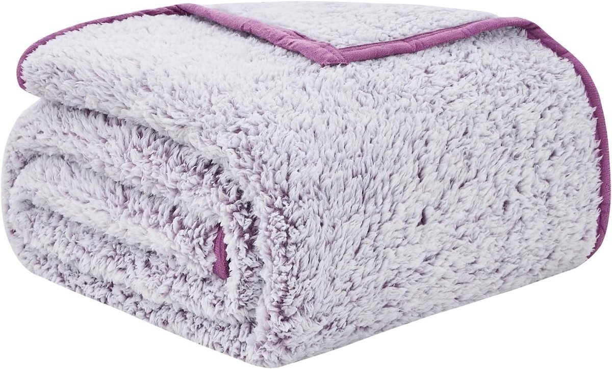 Knuffeldeken, sherpadeken, wollig, 152 x 203 cm, dik en elegant, dubbelgezicht, extra zacht, warme, gezellige omkeerbare pluizige woondeken voor bank en bed, paars