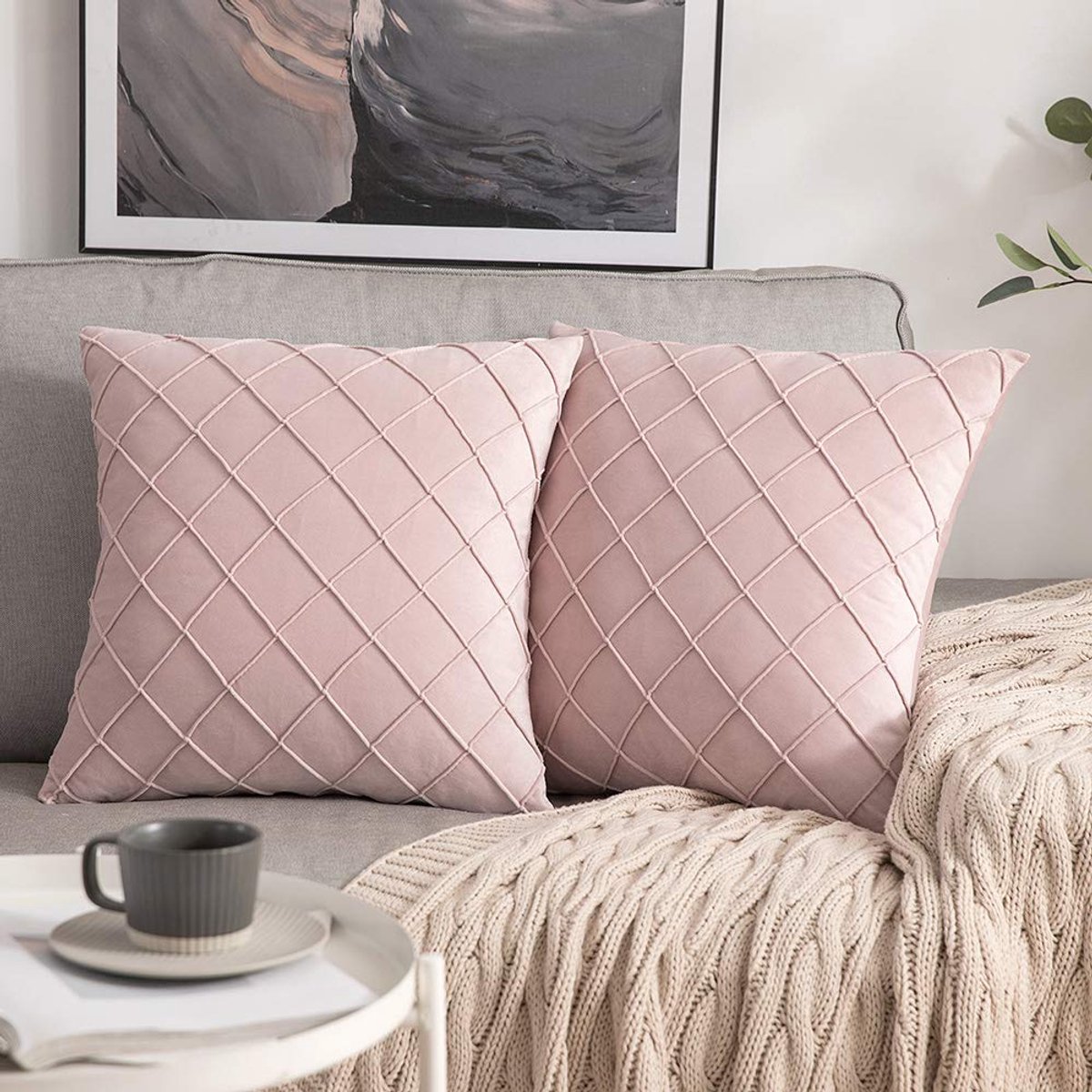 Set van 2 fluwelen kussenhoezen, vierkant patroon, decoratieve kussenovertrek, superzacht, voor woonkamer, slaapkamer, bank, roze, 50 x 50 cm
