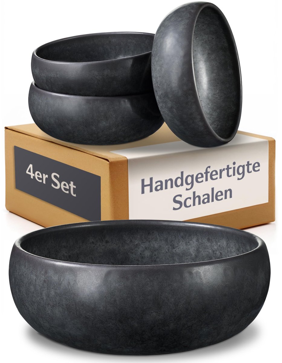 Kommen Set 4 Stuks – Keramische Müslikommen 750 ml in Minimalistisch Zwart – Saladekom Voor Rijst, Cereal & Bijgerechten – Tafelservies Geschikt Voor Magnetron & Vaatwasser