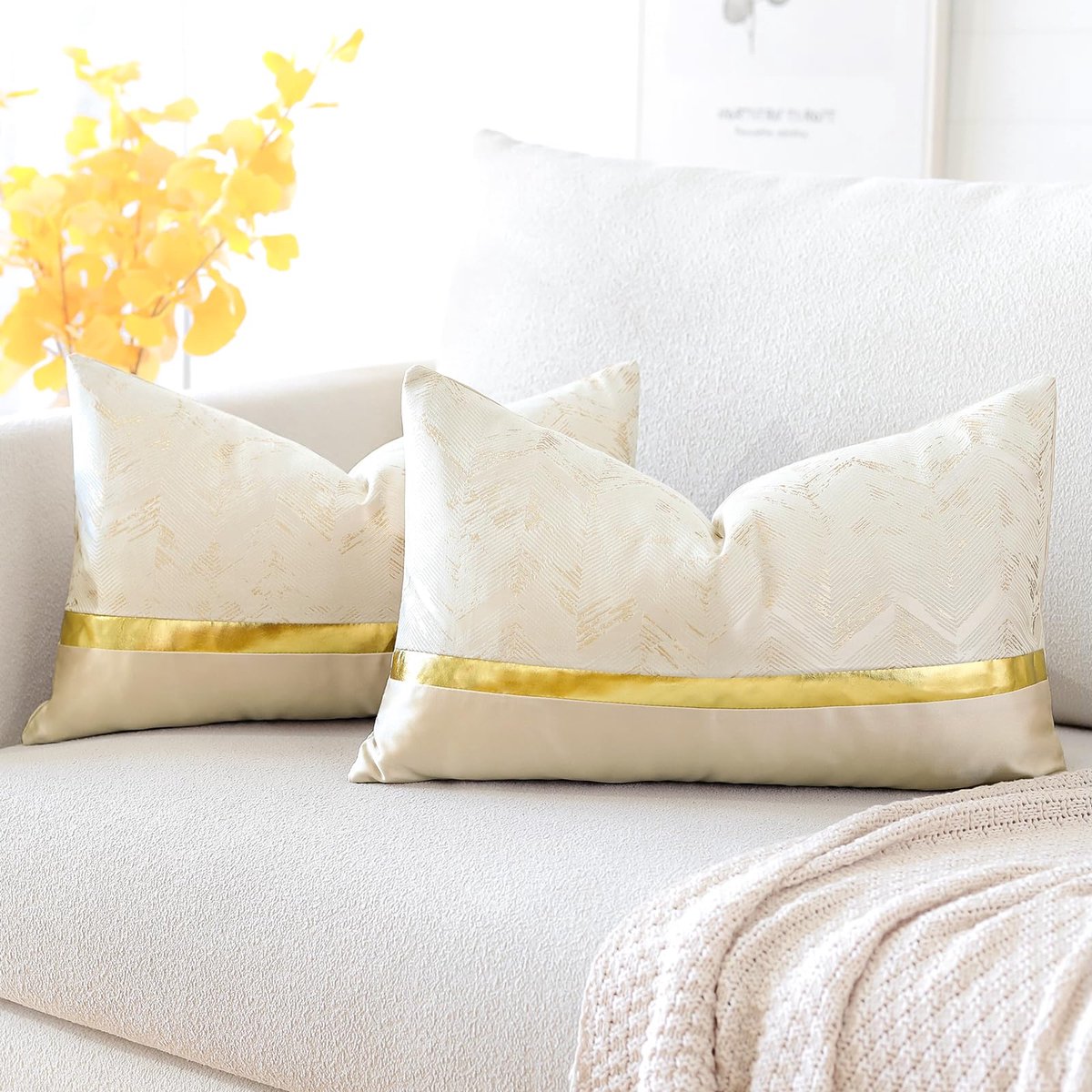Set van 2 kussenslopen voor bedbank, bank, auto, decoratie, luxe, moderne, minimalistische gouden lederen naden, golvende strepen, vierkante kussensloop, sierkussenslopen 30 x 50 cm (beige)