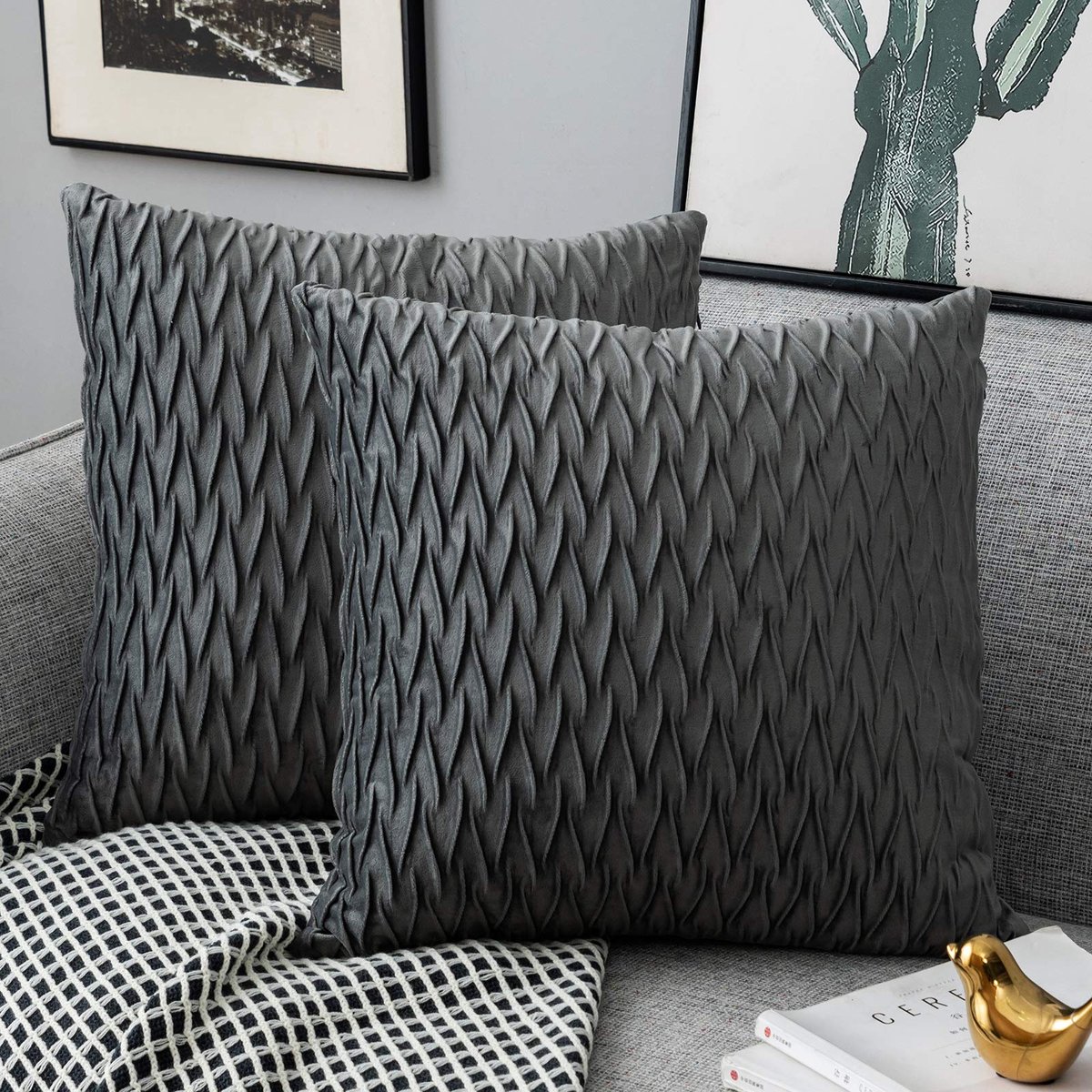 Set van 2 kussenhoezen 50x50 cm superzachte fluwelen kussenovertrekken vierkant decoratief kussensloop voor bank bed bankje 20 x 20 inch, grijs