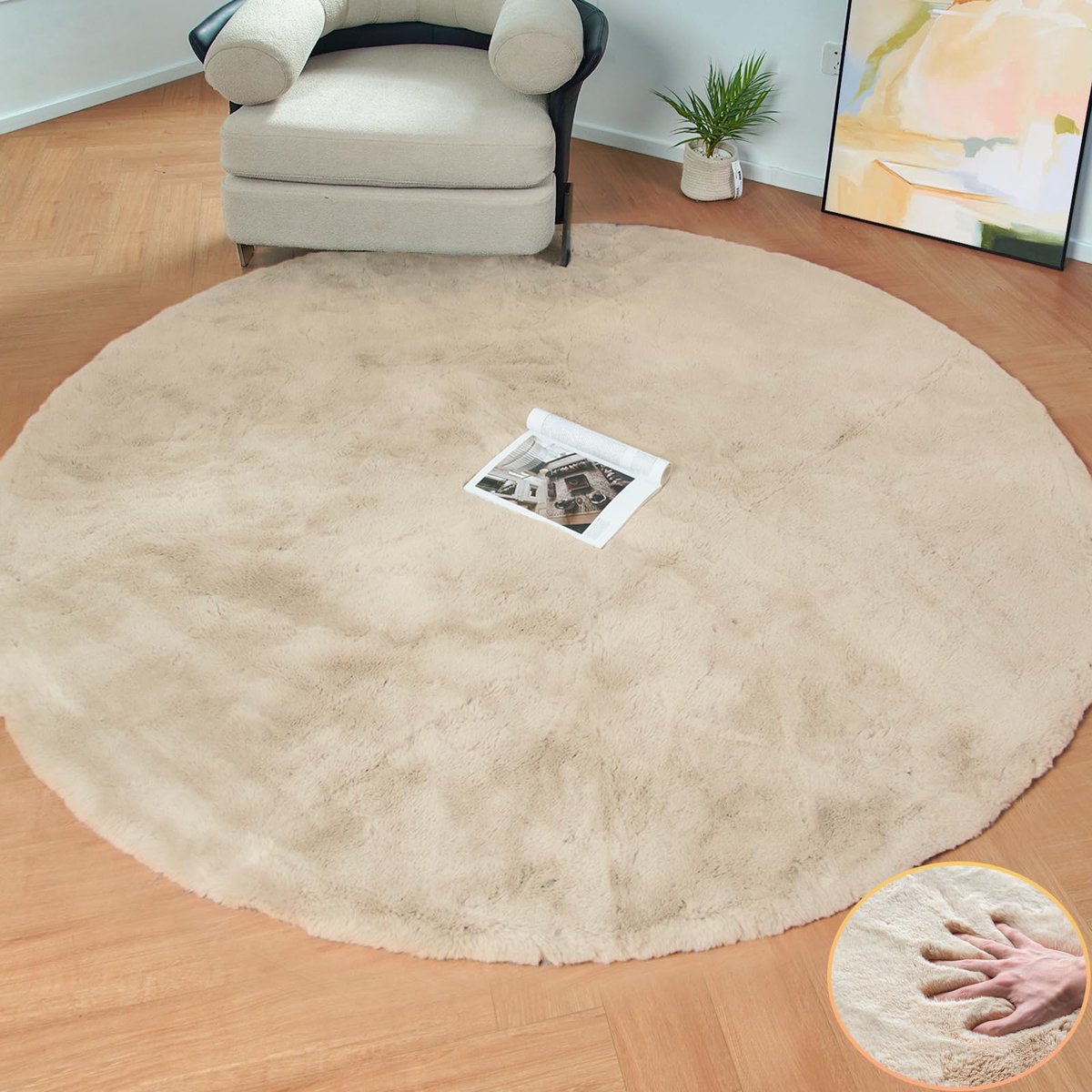 Rond 150 cm beige Zacht Imitatiebont Vloerkleed Konijnenbont Pluizig voor Slaapkamer
