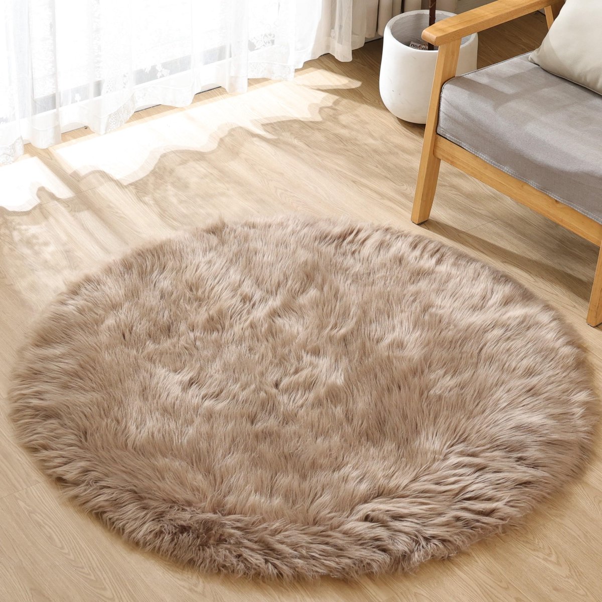 Rond 120 cm beige Shaggy Vloerkleed Fluffy Zacht Tapijt voor Woonkamer
