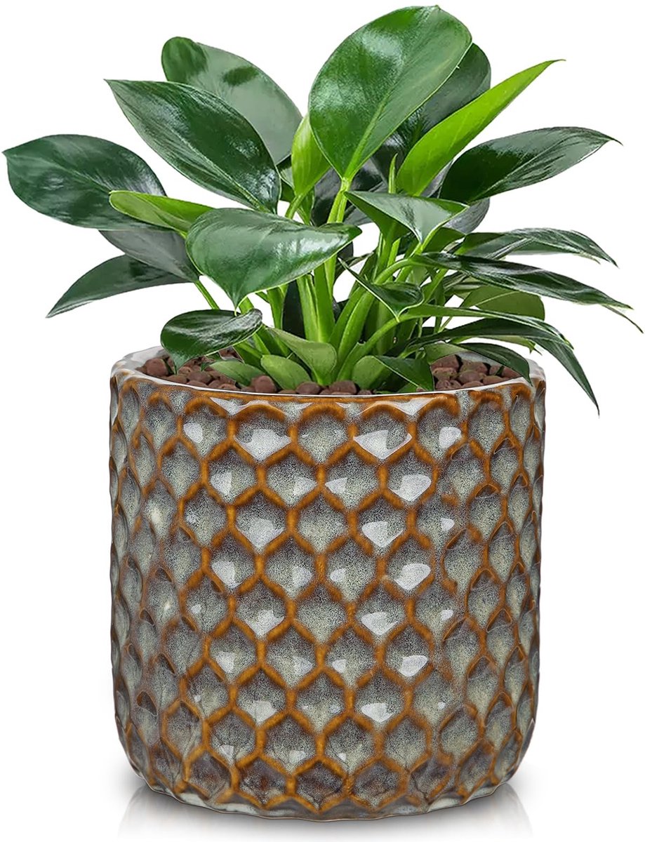 Kleine keramische potten voor planten, 13,5 cm bruine plantenpot voor binnen met drainage, keramische plantenbakken voor kamerplanten, vetplanten, decoratieve bloempotten voor cactussen